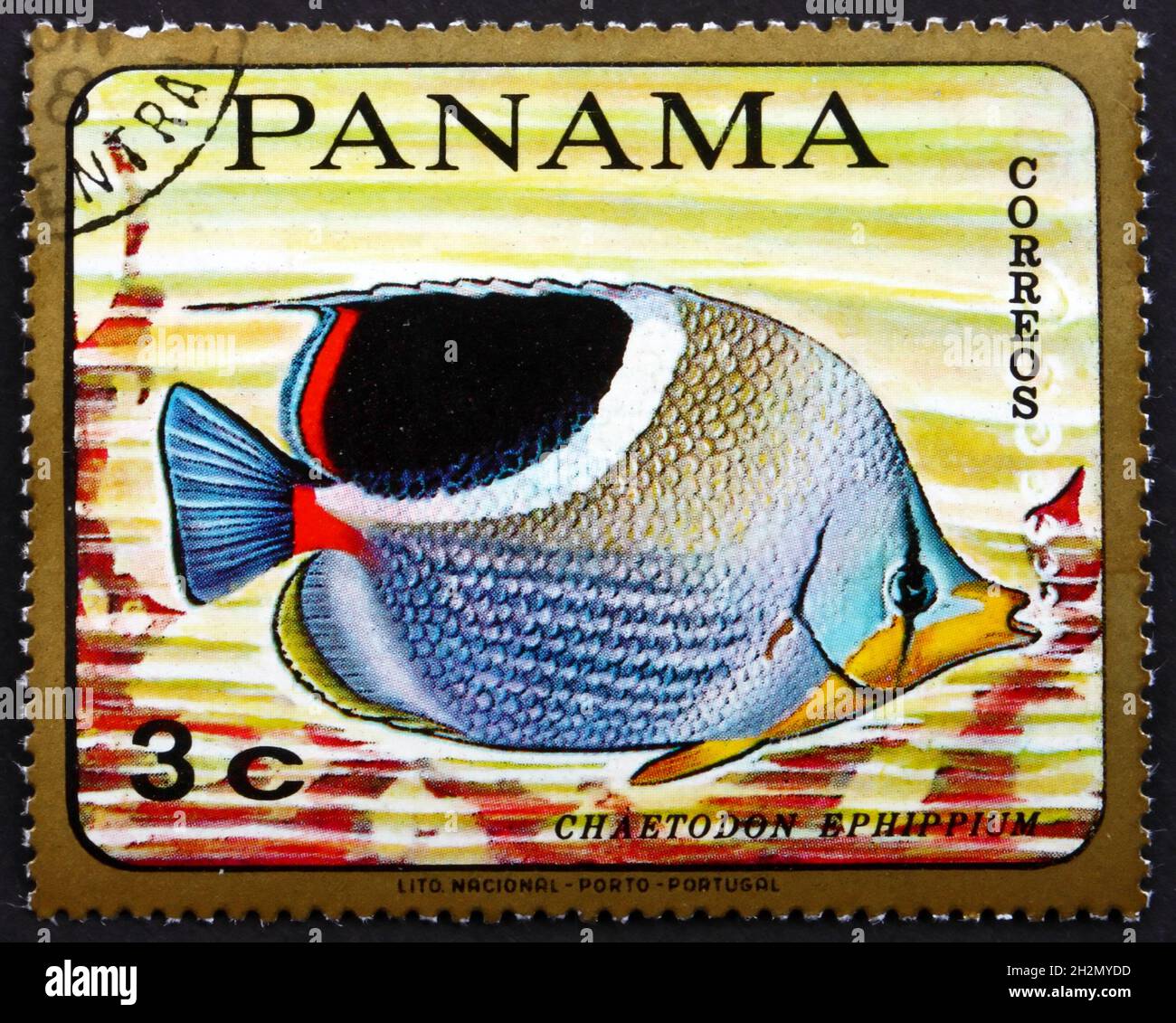 PANAMA - CIRCA 1968: a stamp printed in Panama shows saddle butterflyfish, chaetodon ephippium, tropical fish, circa 1968 Stock Photo