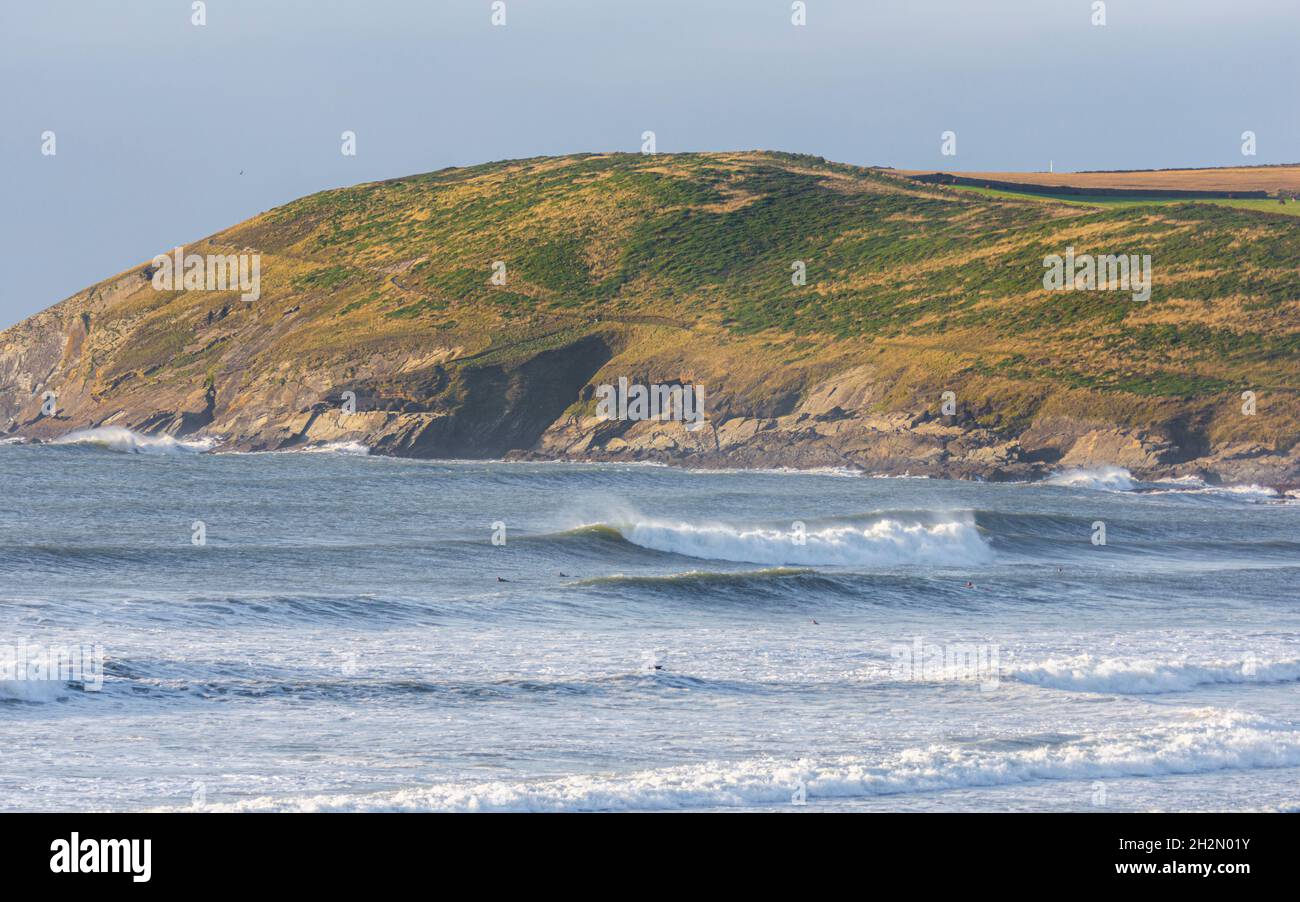 Croyde Beach landscape with off-shore surf - Croyde, Devon, UK Stock Photo