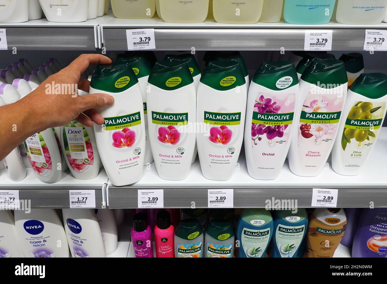 Shower milk products in a store Stock Photo