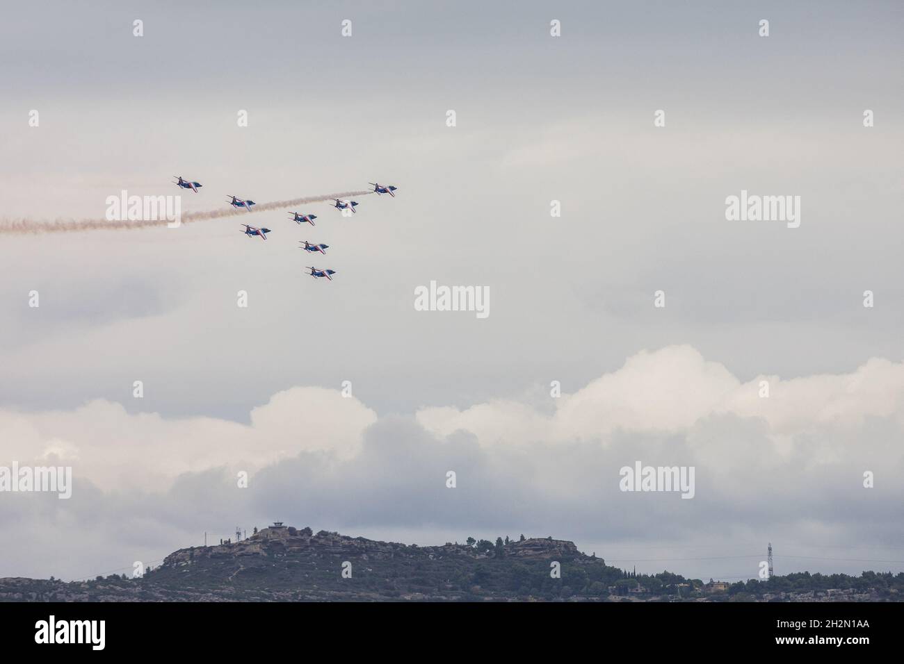Last demonstration of Capitaine Schuss with the Patrouille de France in Salon de Provence Air Force base, south of France on October 20, 2021. Photo by Thomas Arnoux/ABACAPRESS.COM Stock Photo