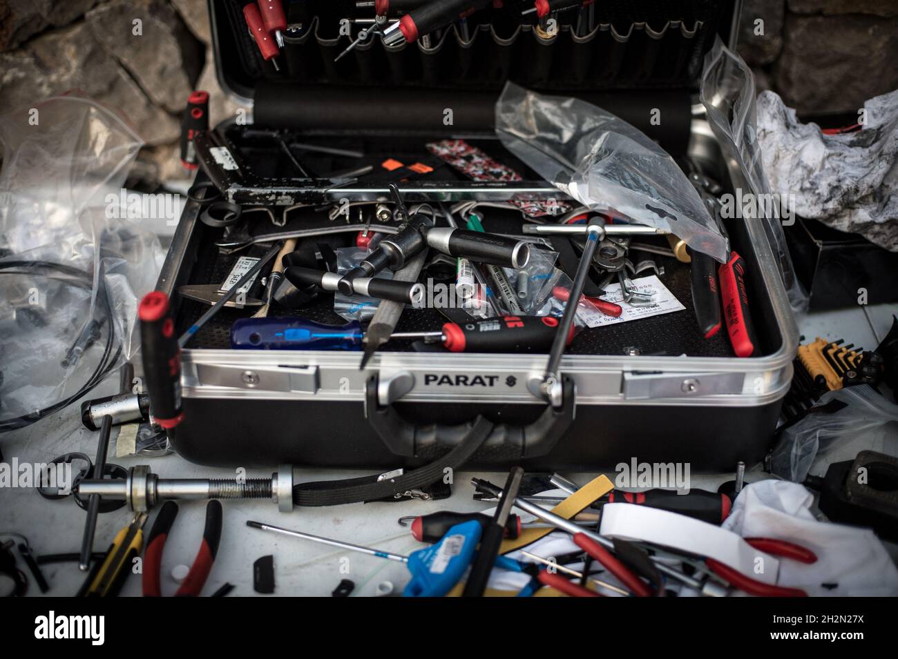 2016 Lotto Soudal Training Camp in Majorca. Bike mechanic. Tool box