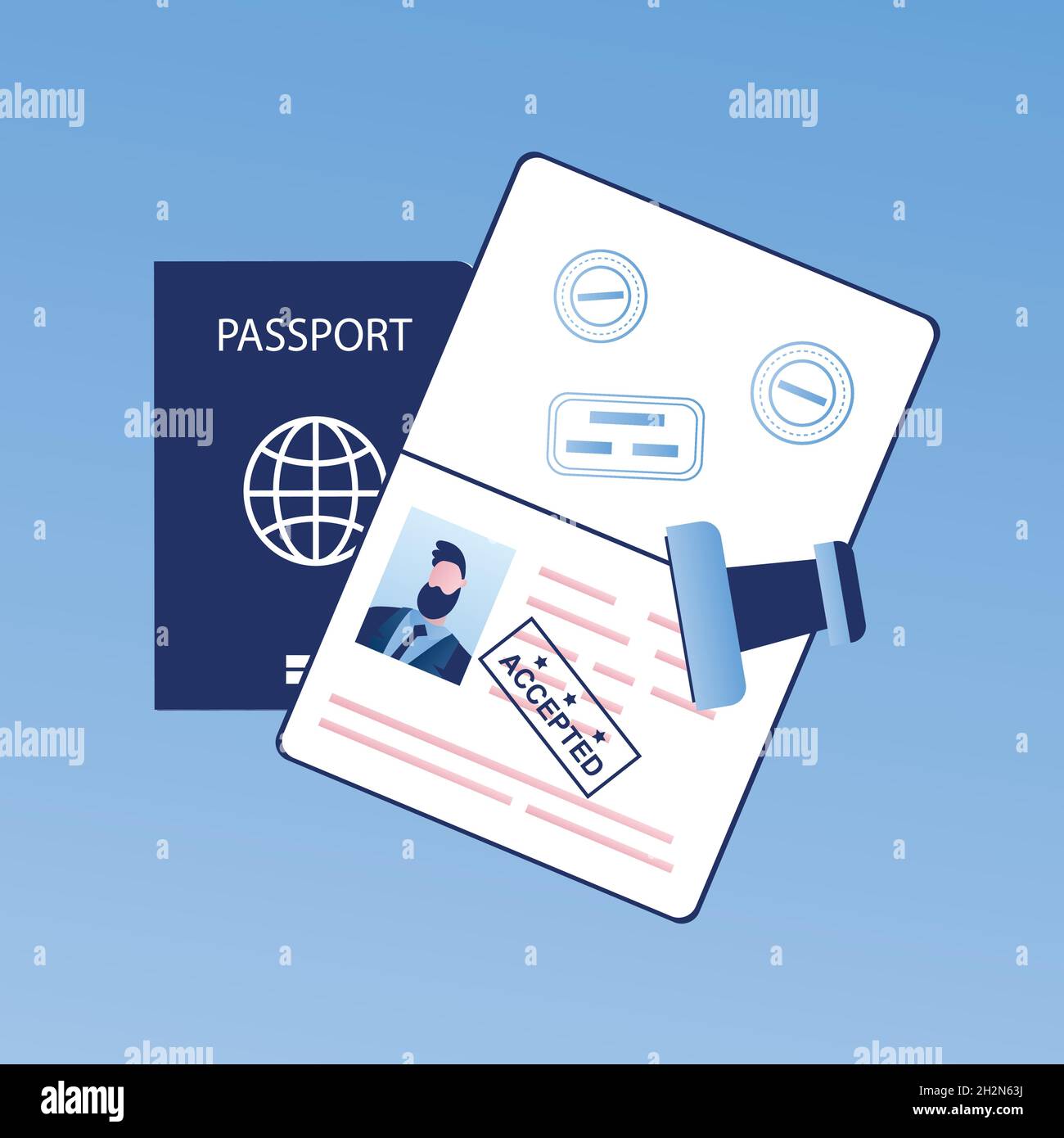 Open passport with stamp accepted, visa approved,crossing the border concept, trendy style