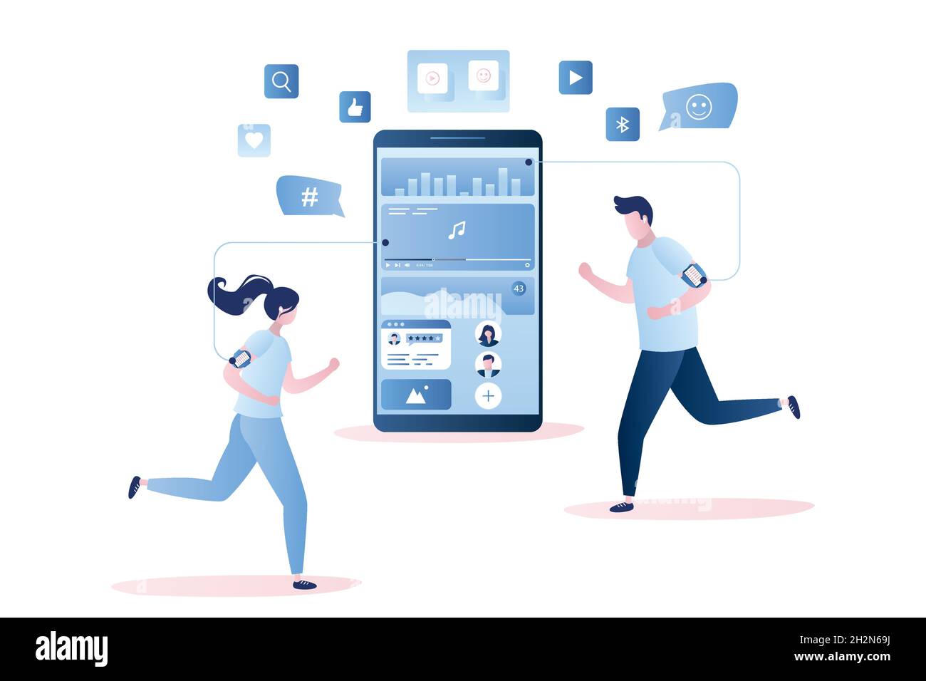 Smartphone with Music app or online radio service and  running people with headphones and smart gadgets,male and female characters jogging,internet an Stock Vector