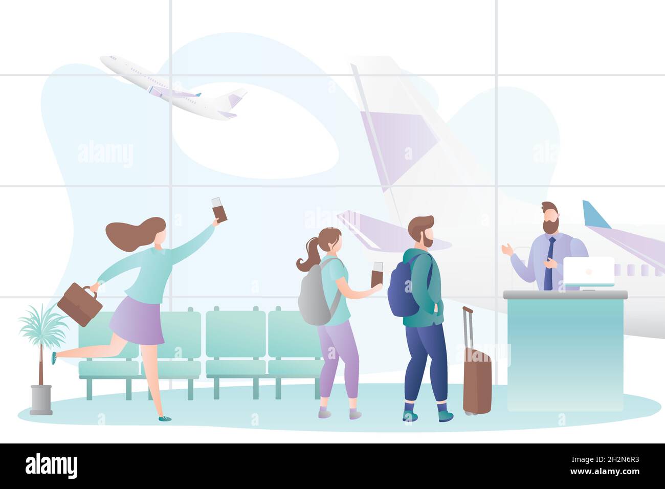Airport interior and queue of tourists with luggage,male flight attendant behind the check-in counter,last call boarding concept,airplane take off,tre Stock Vector