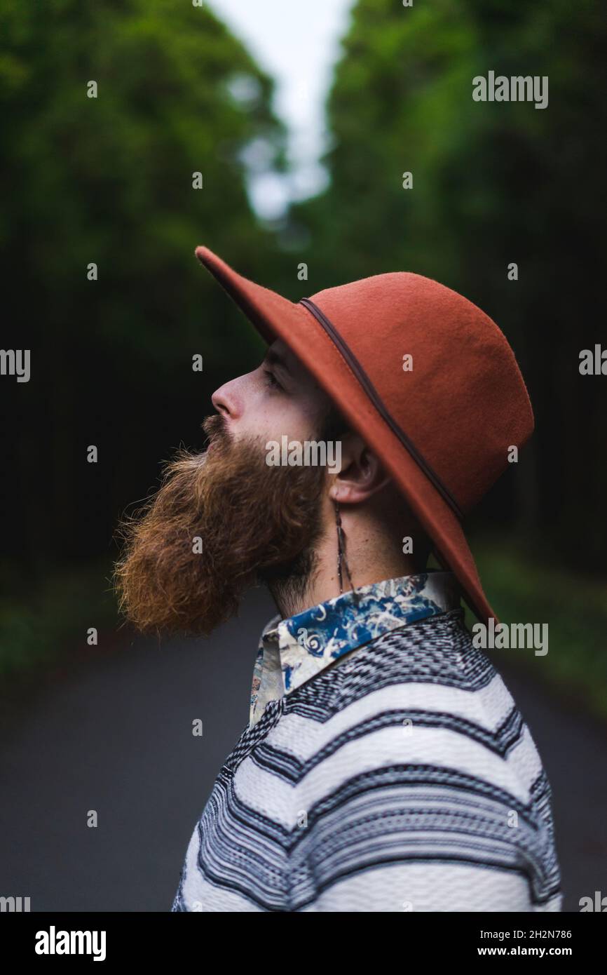 Hipster man with brown beard wearing hat Stock Photo