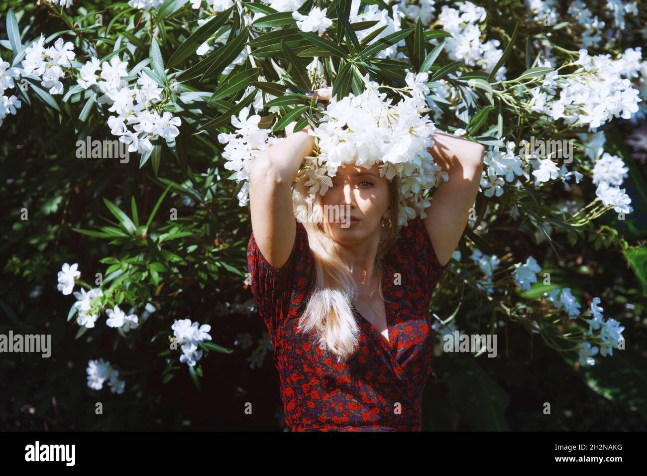Blond woman holding flower branch on head at garden Stock Photo
