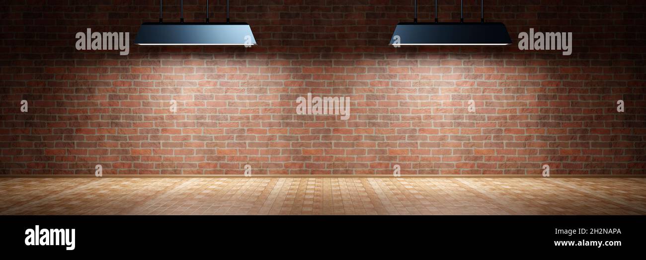 Three dimensional render of two light fixtures illuminating empty room with brick wall Stock Photo
