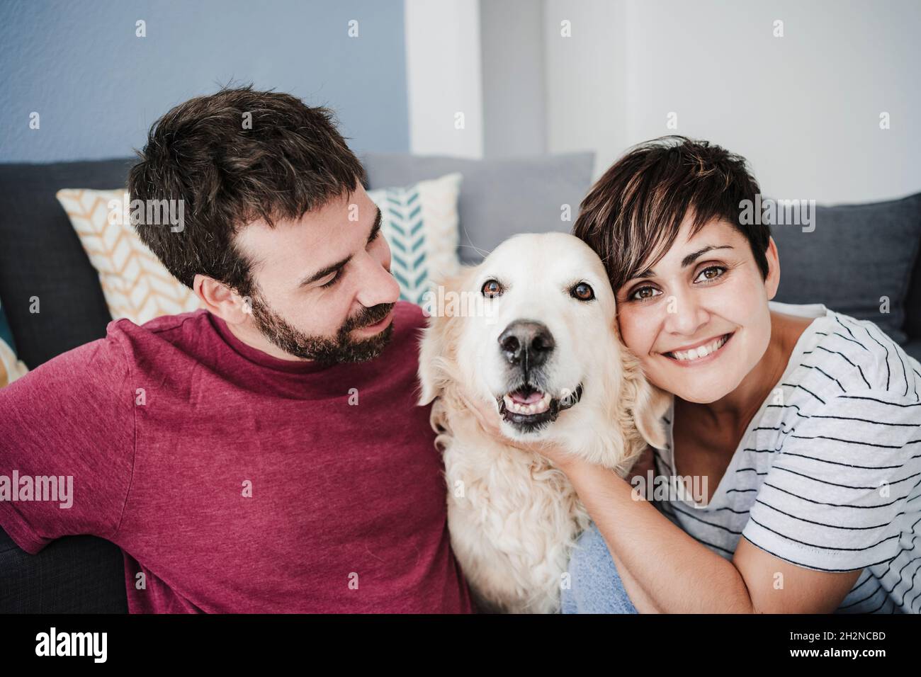 Couple embracing Golden Retriever at home Stock Photo Alamy