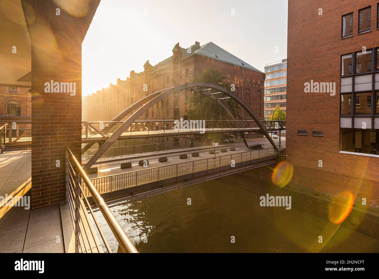 Germany, Hamburg, Binnenhafen canal at sunset Stock Photo