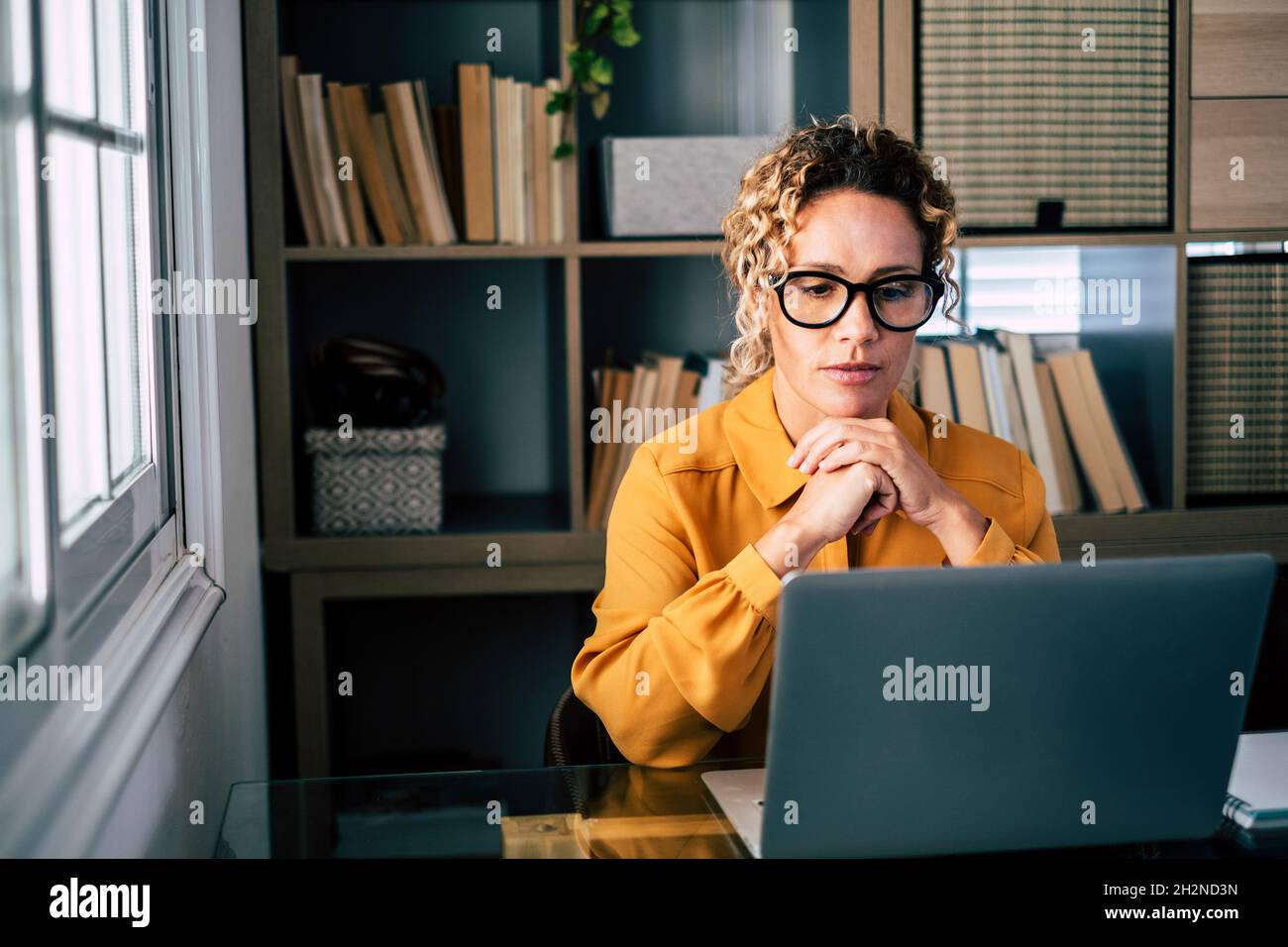 Female freelancer with hand on chin looking at laptop Stock Photo