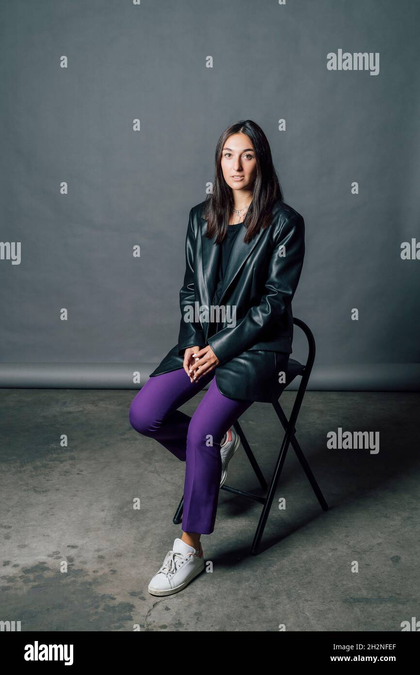 Woman in black leather jacket hi-res stock photography and images - Alamy