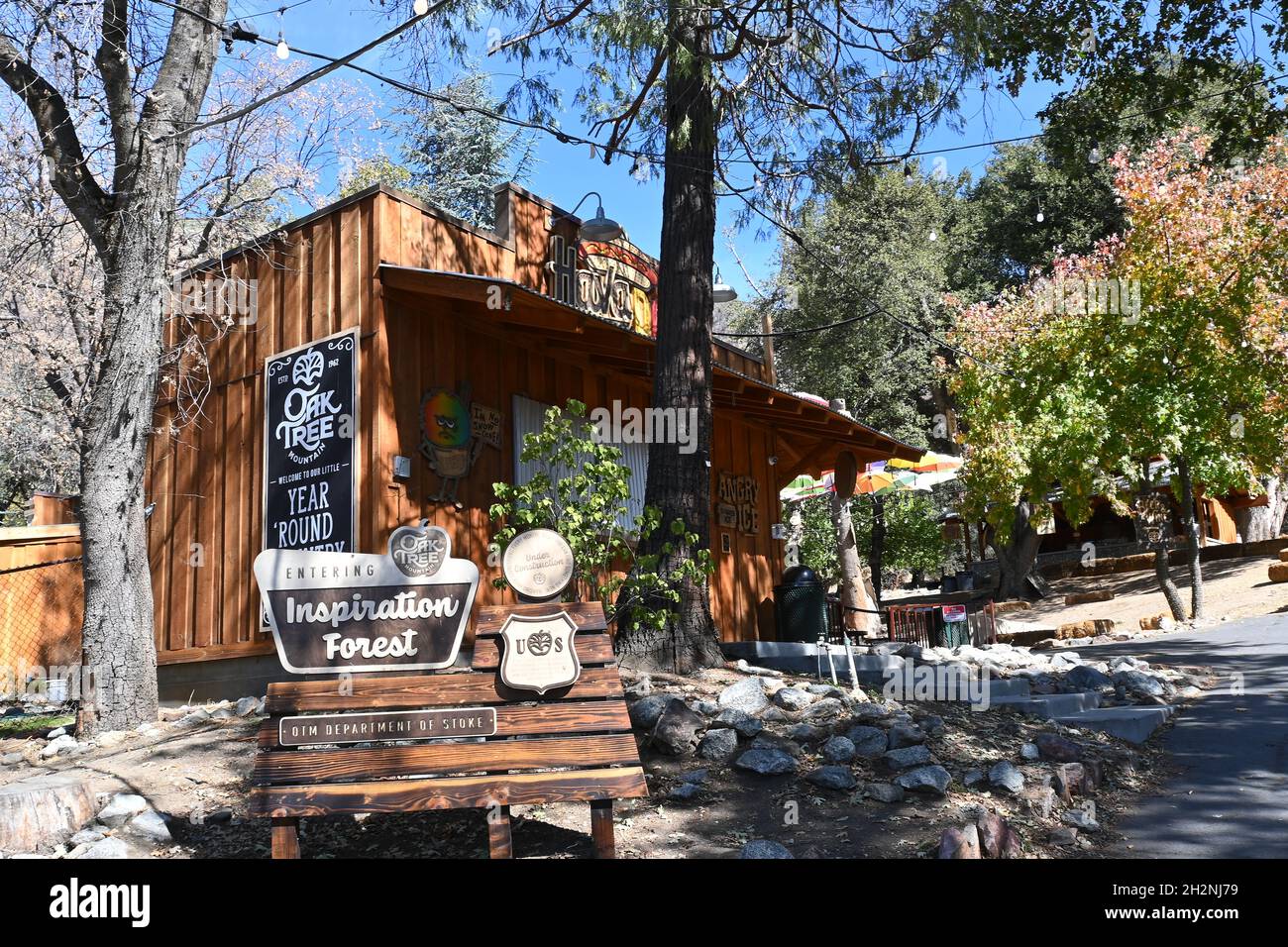 OAK GLEN, CALIFORNIA 10 OCT 2021 Inspiration Forest sign at Oak Tree Mountain established 50