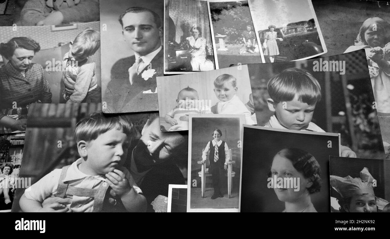 A collection of old, vintage black and white family photographic prints. Retro theme. Stock Photo