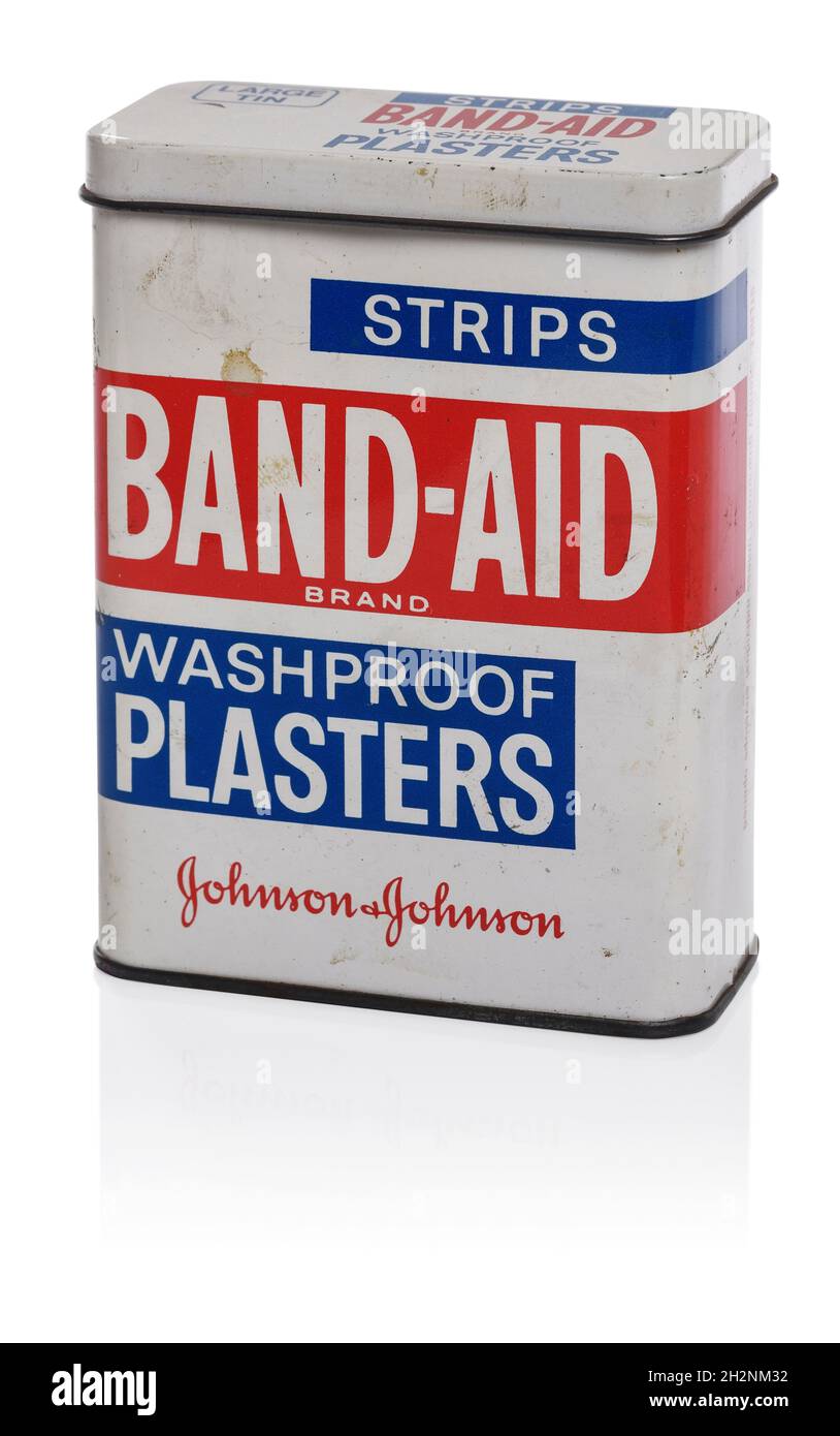 Old vintage metal tin of Band Aid wash proof plasters Stock Photo