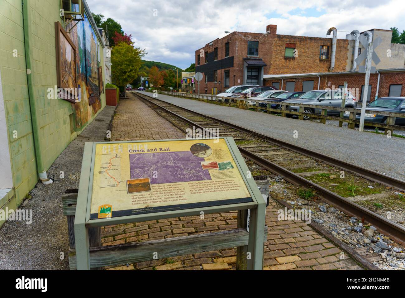 Glen Rock, PA, USA - October 17, 2021: A historic marker along the York County Heritage Rail Trail park system in the downtown area. Stock Photo