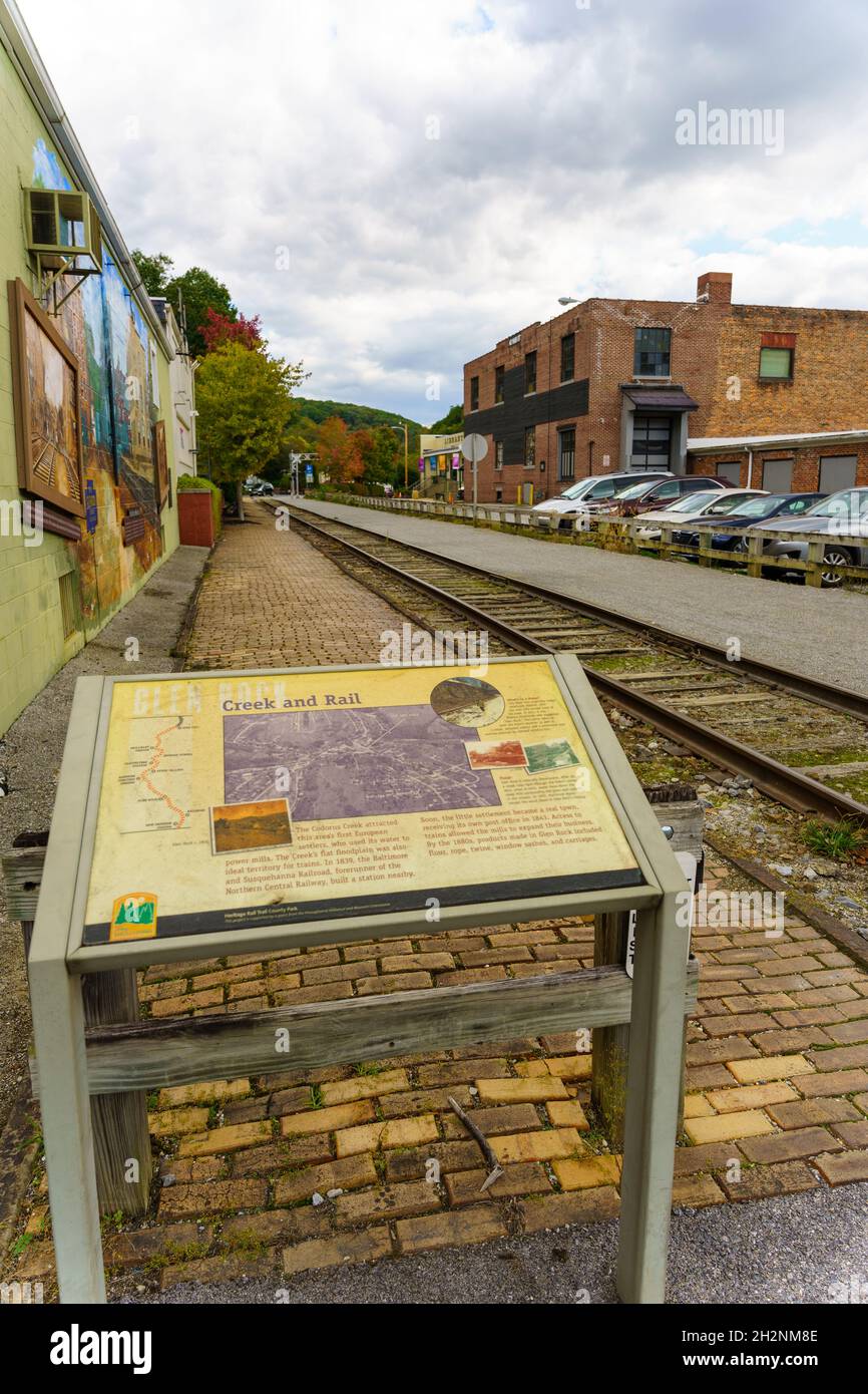 Glen Rock, PA, USA - October 17, 2021: A historic marker along the York County Heritage Rail Trail park system in the downtown area. Stock Photo
