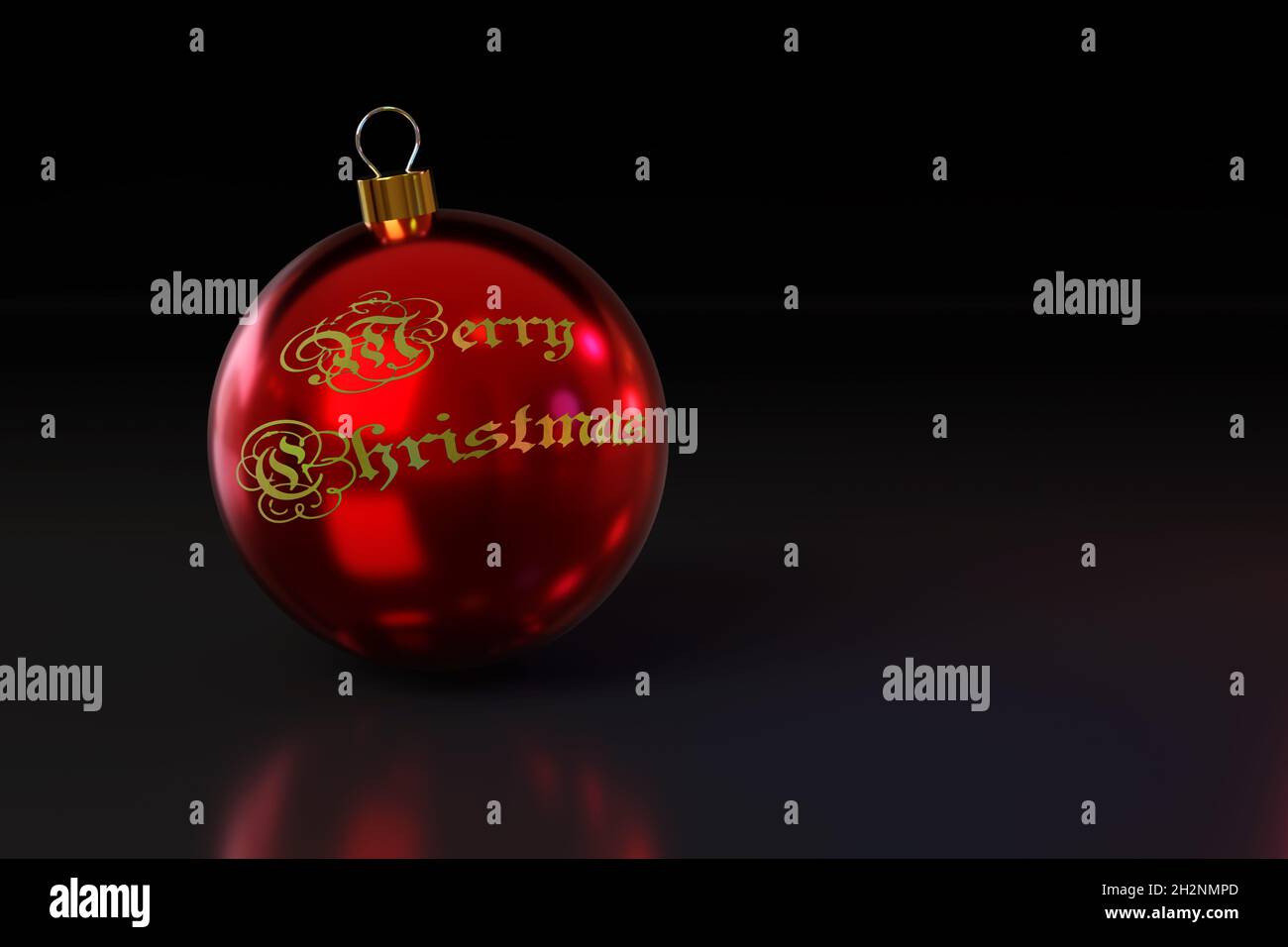 Red christmas ball with merry christmas text on dark background. 3d ...