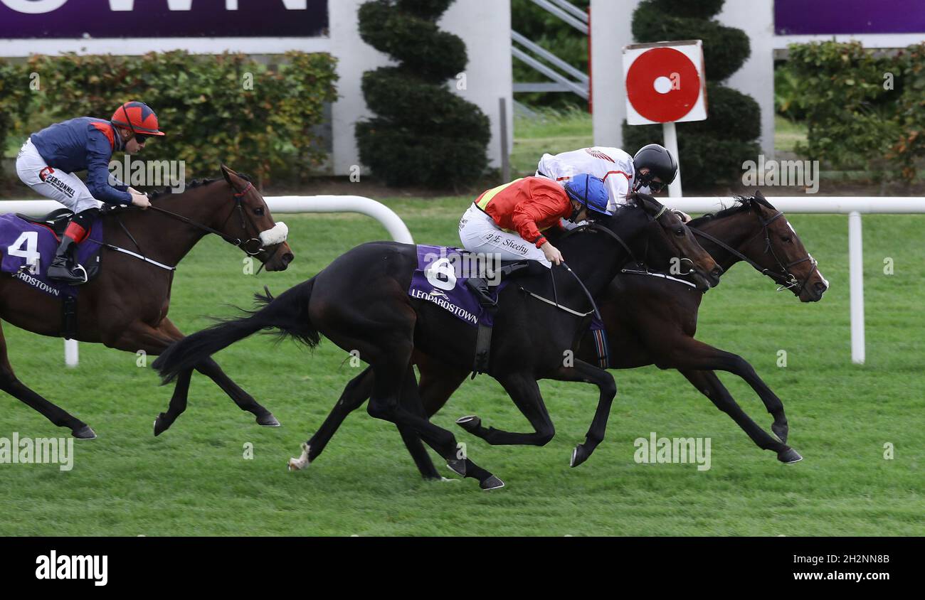Nectaris (right) ridden by jockey Colin Keane hold off a challenge by Shanghai Dragon (second right) and jockey Danny Sheehy to win the Irish Stallion Farms EBF Fillies Nursery Handicap at Leopardstown racecourse. Picture date: Saturday October 23, 2021. Stock Photo