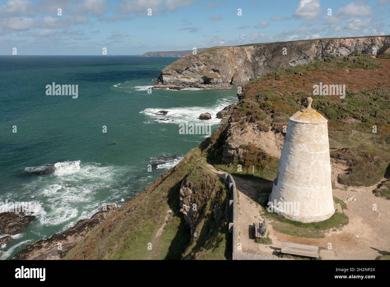 Aerial view of theformer lighthouse known as the 'pepperpot' at Portreath, Cornwall, UK Stock Photo