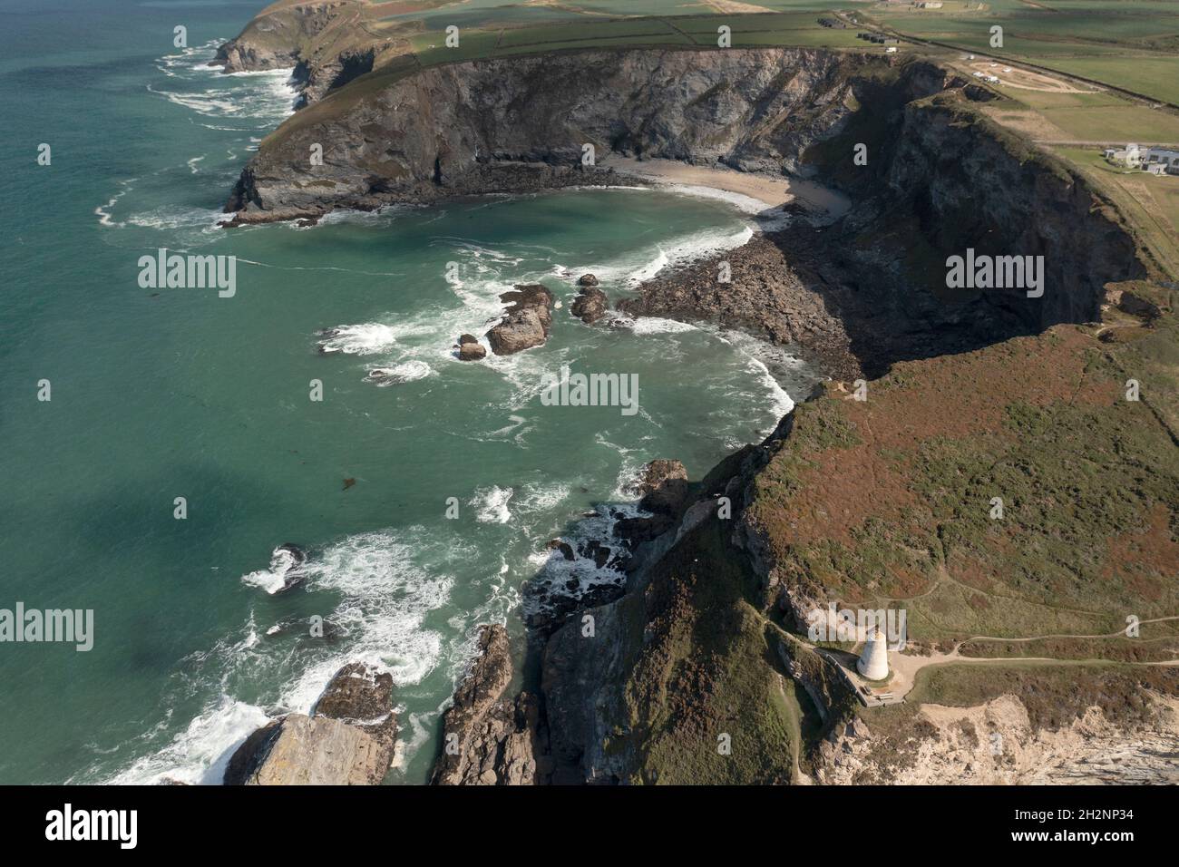 Aerial view of the north cornwall coast from Portreath, Cornwall, UK with the 'Pepperpot' in the foreground Stock Photo