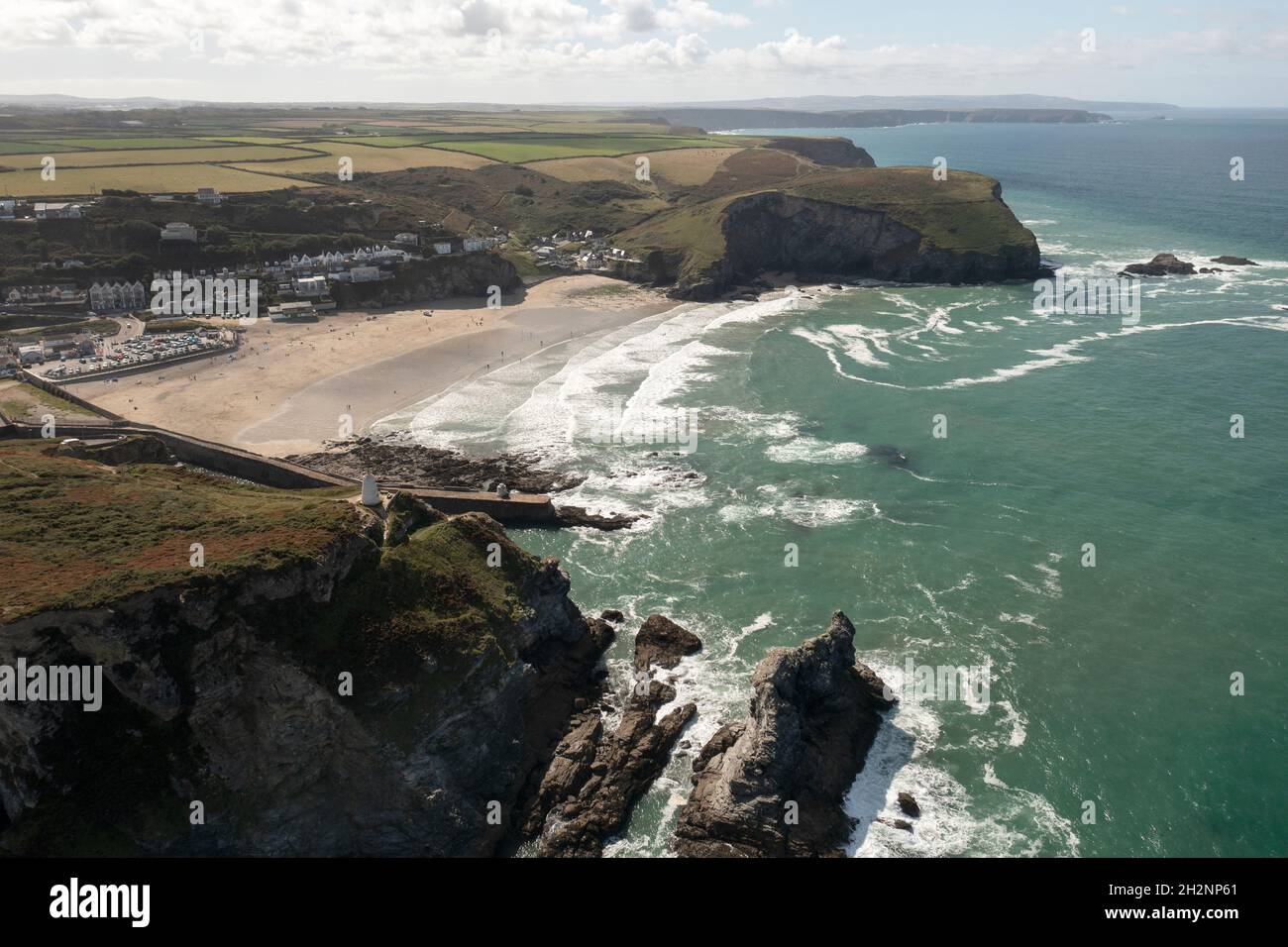 Aerial view of the beach and harbour entrance at Portreath, Cornwall, UK Stock Photo