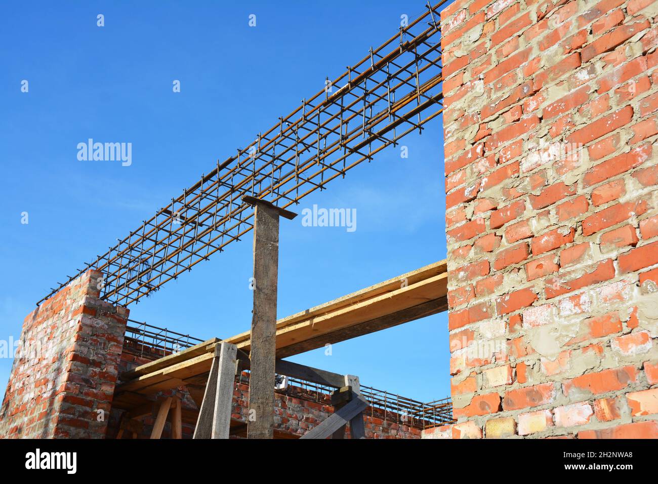 Lintel Construction. Rebar steel bars on new home construction corner