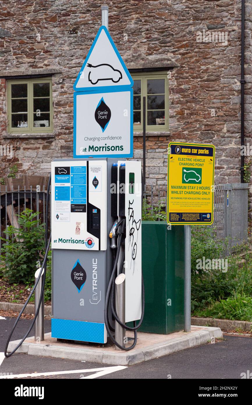Electric car charge point Morrisons supermarket, Totnes, Devon, England, United Kingdom. Stock Photo