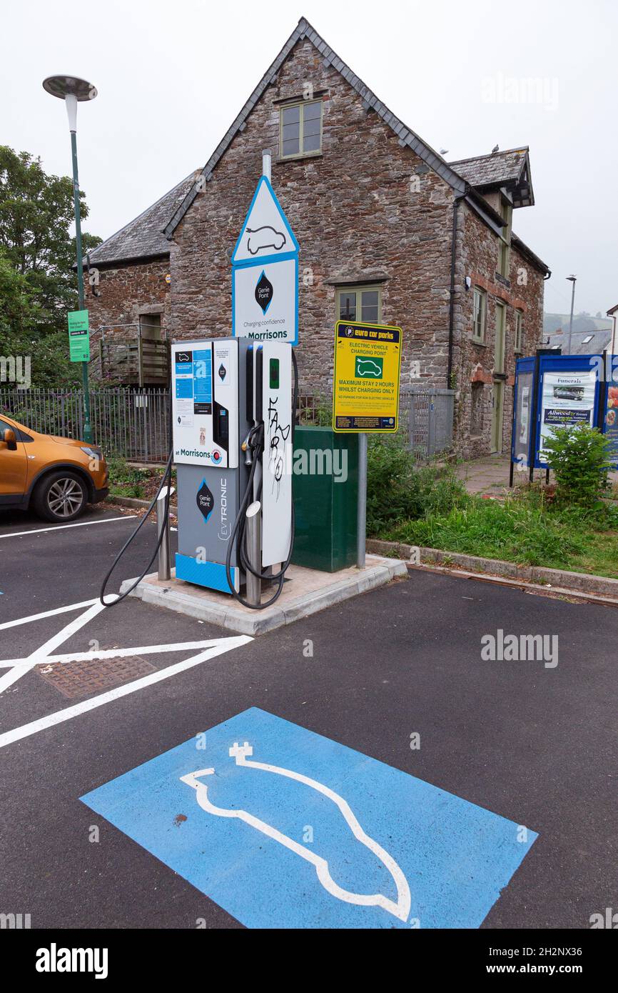 Electric car charge point Morrisons supermarket, Totnes, Devon, England, United Kingdom. Stock Photo