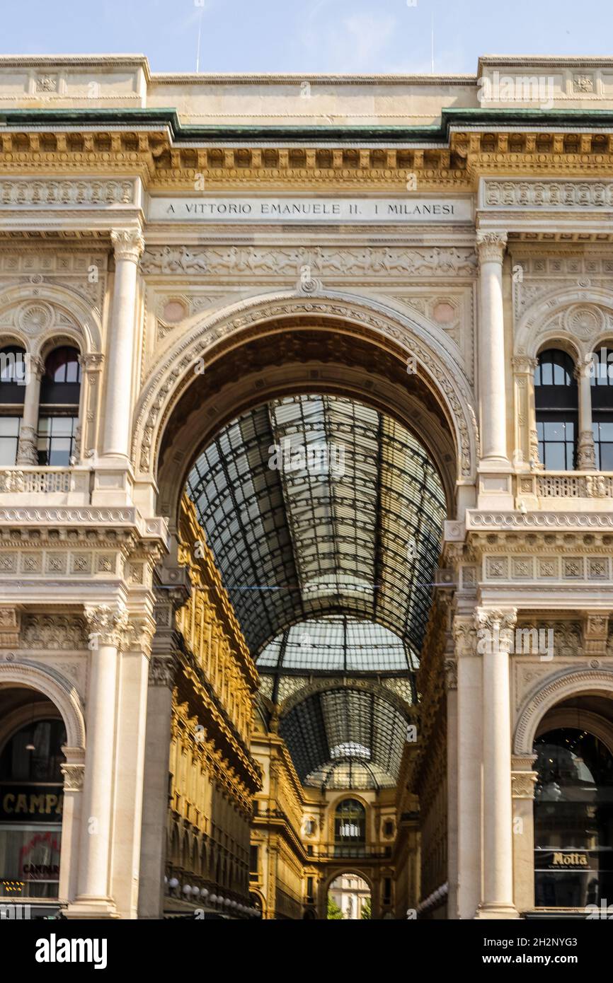 Milan, Italy - June 13, 2017: Entrance of the Galleria Vittorio Emanuele in the City Center Stock Photo
