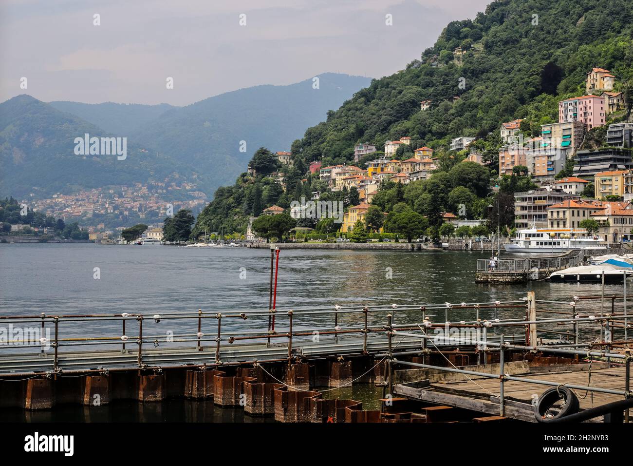 Como, Italy - June 14, 2017: View of Traditional Colorful Buildings from Como Marina Stock Photo