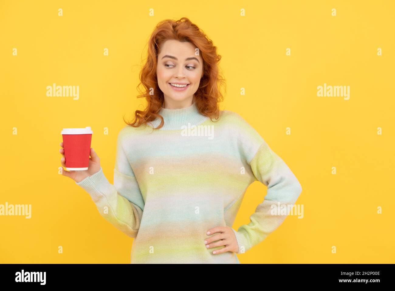 Happy Redhead Woman Drink Takeaway Coffee From Cup On Yellow Background Morning Coffee Stock