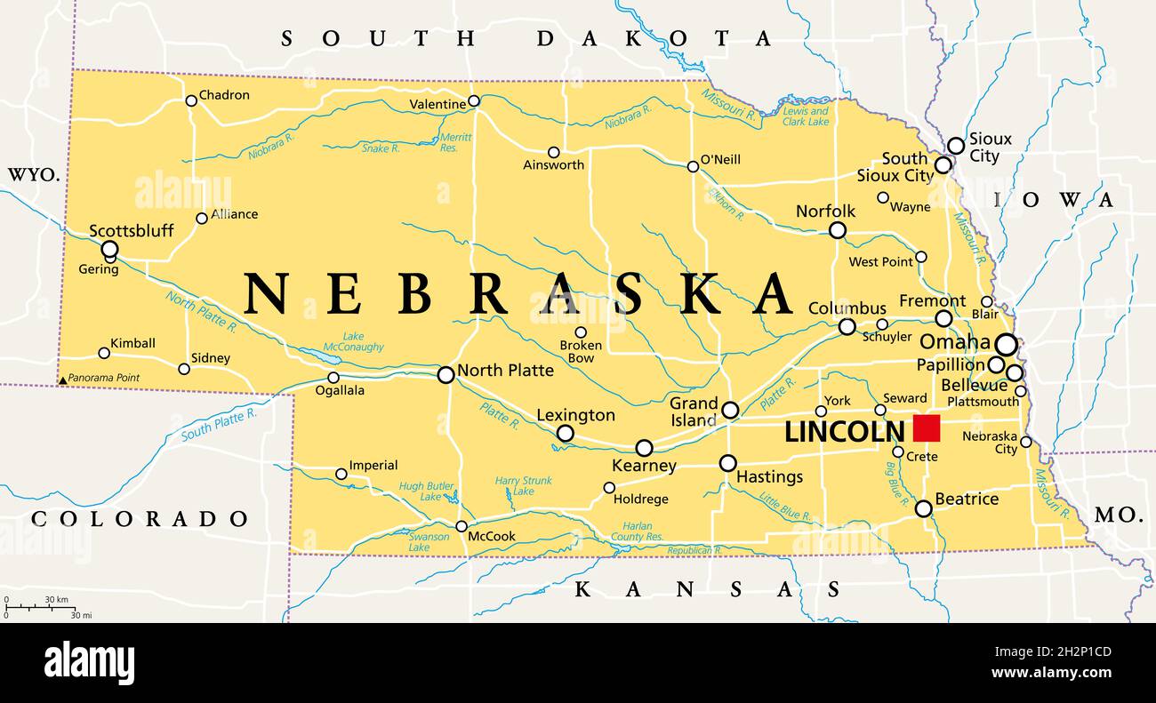 Nebraska, NE, political map with the capital Lincoln and the largest city Omaha. Triply landlocked State in the Midwestern subregion of United States. Stock Photo