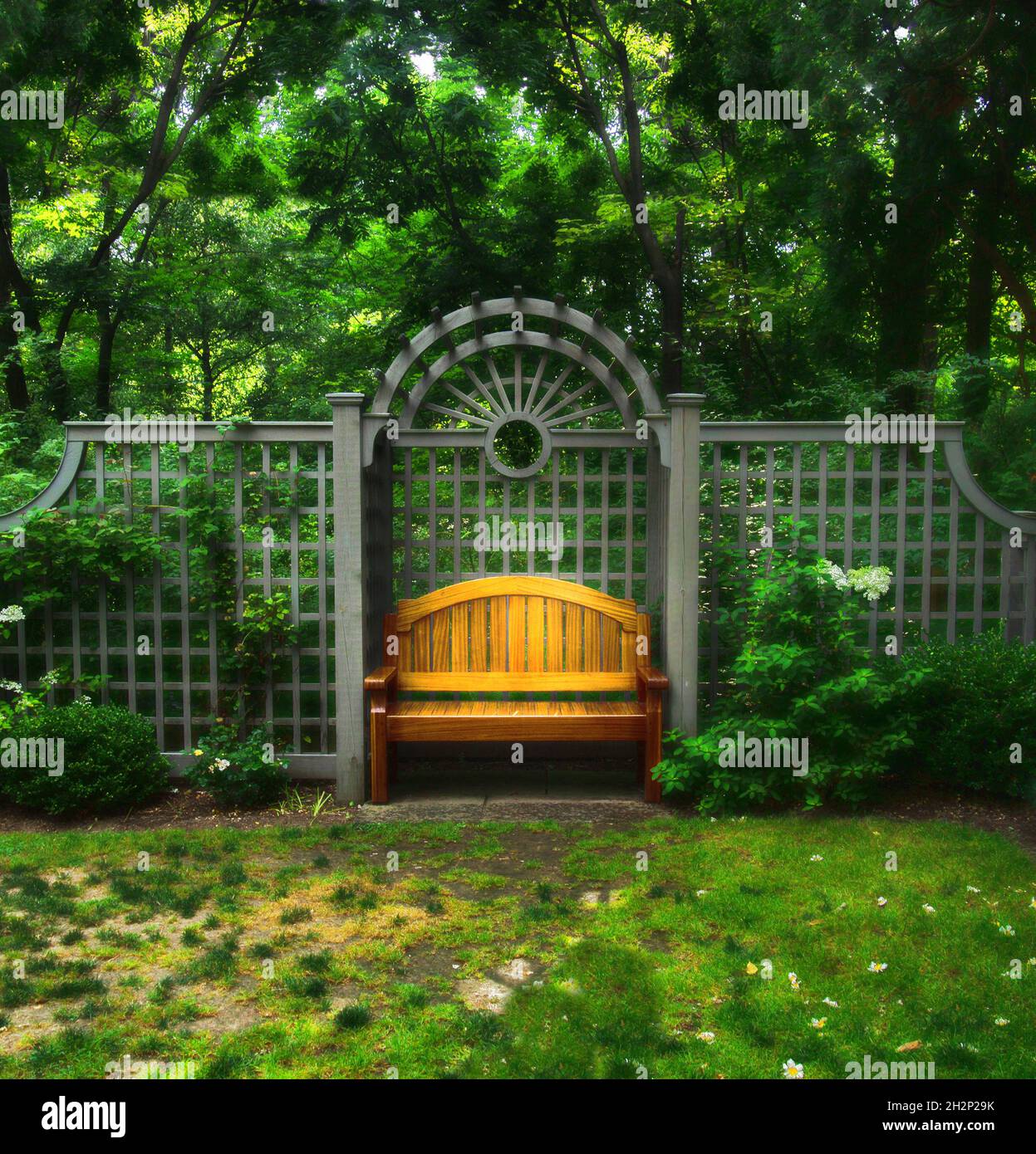Bench in a formal garden, solitude, peace concept Stock Photo