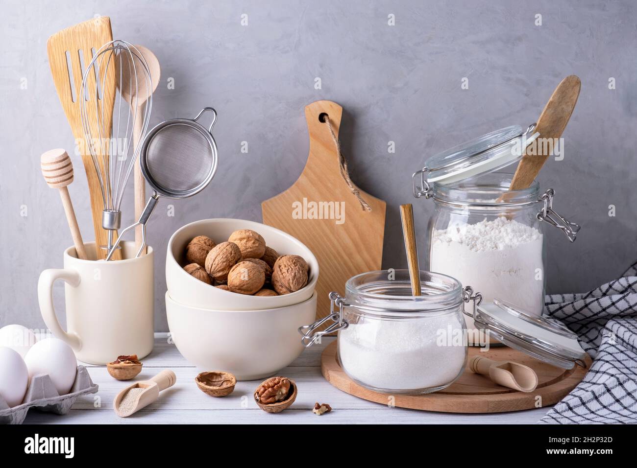 Kitchen utensils and containers. Ingredients for baking pie Stock Photo Alamy