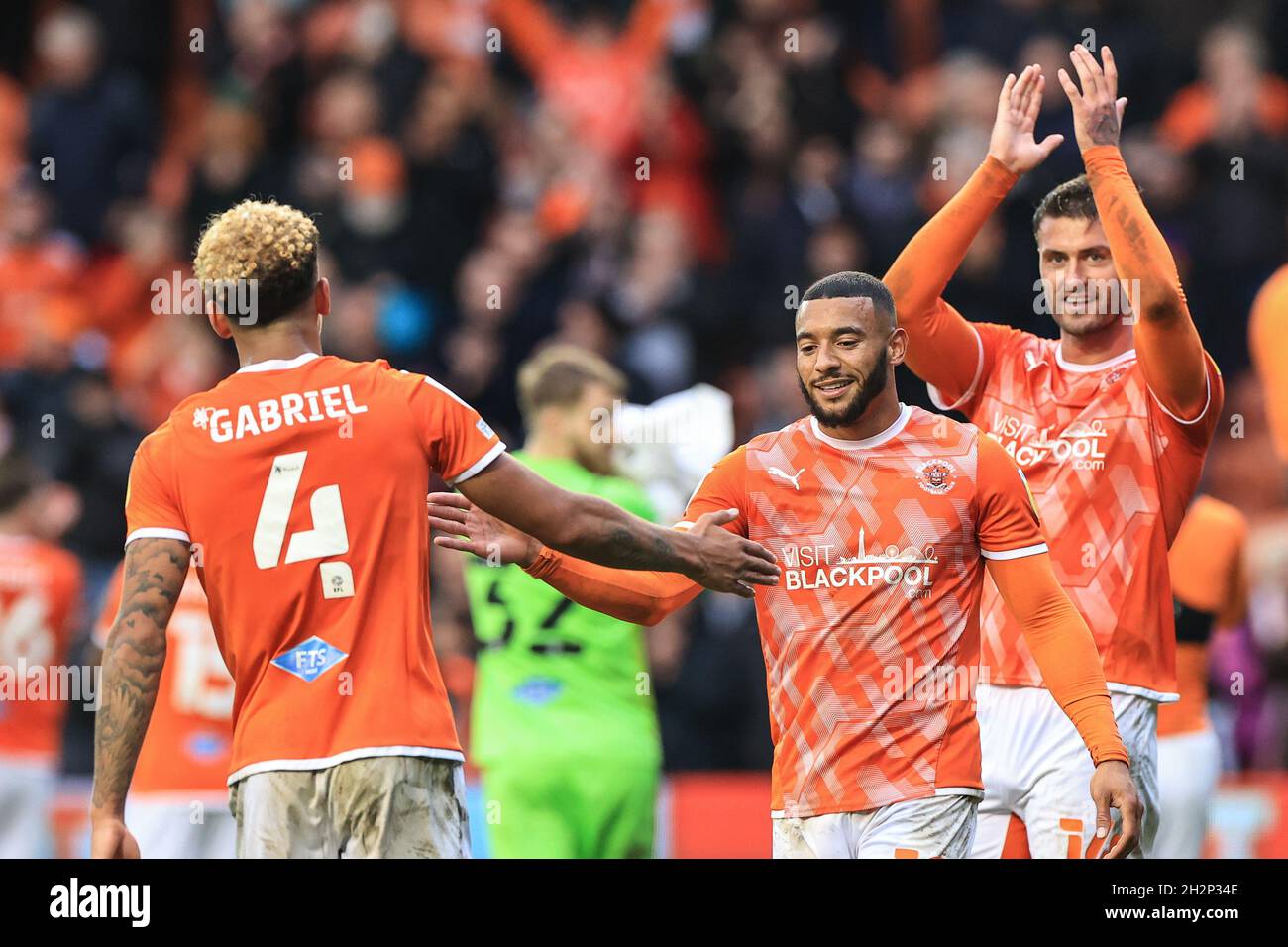 Jordan Gabriel #4 Of Blackpool and Keshi Anderson #10 of Blackpool celebrate Blackpool’s 2-0 win over Preston Stock Photo