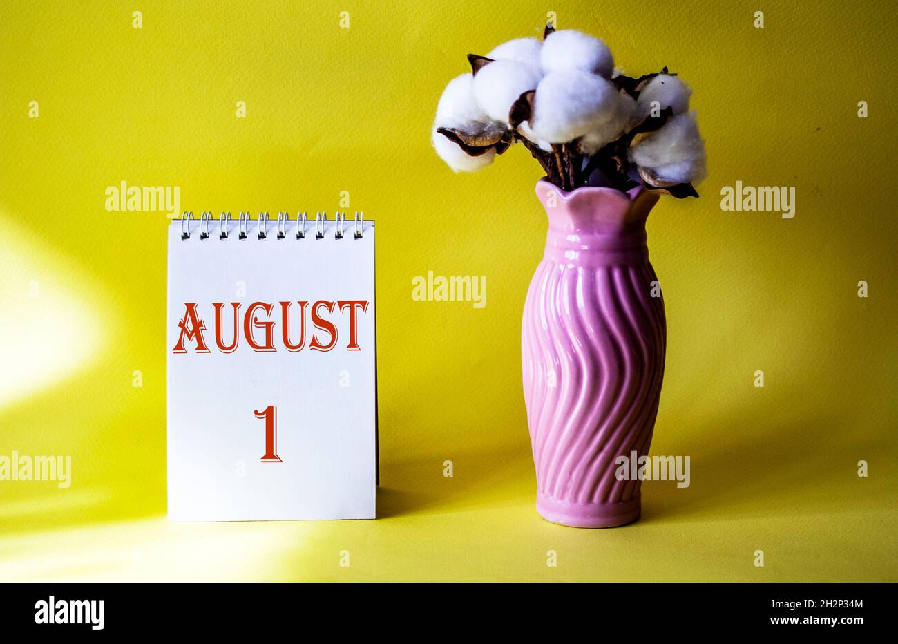 Calendar with text 1 august on yellow background and with a vase of flowers Stock Photo