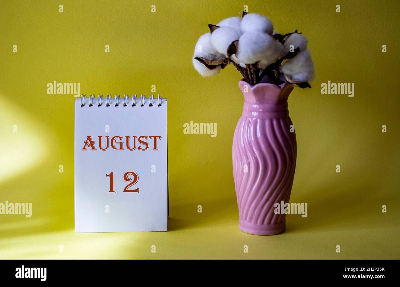 Calendar with text 12 august on yellow background and with a vase of flowers Stock Photo