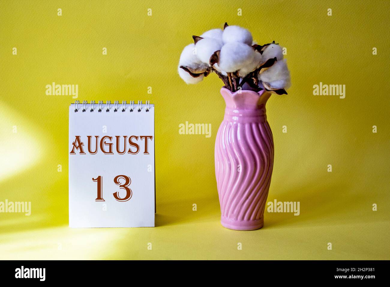 Calendar with text 13 august on yellow background and with a vase of flowers Stock Photo