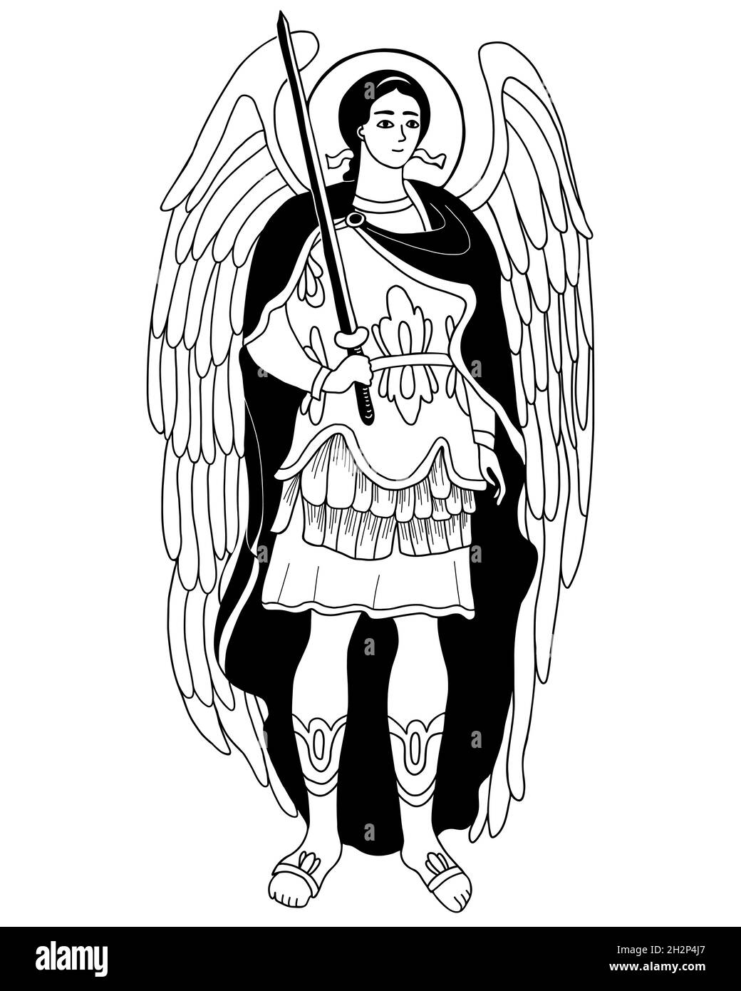 Archangel Michael in armor with sword. Vector decorative illustration. Outline hand drawing. Religious concept for Catholic and Orthodox communities Stock Vector