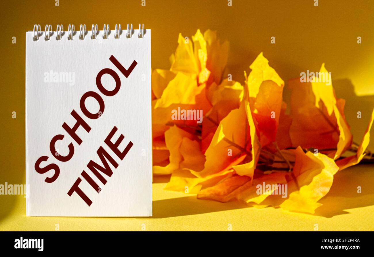 Word school time on calendar, near autumn foliage on yellow background Stock Photo