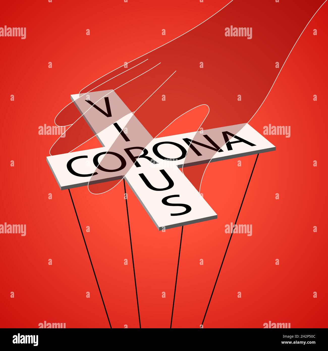 Coronavirus manipulations, concept vector illustration. Manipulator hand holding puppet cross with Corona Virus lettering, on the red background. Stock Vector