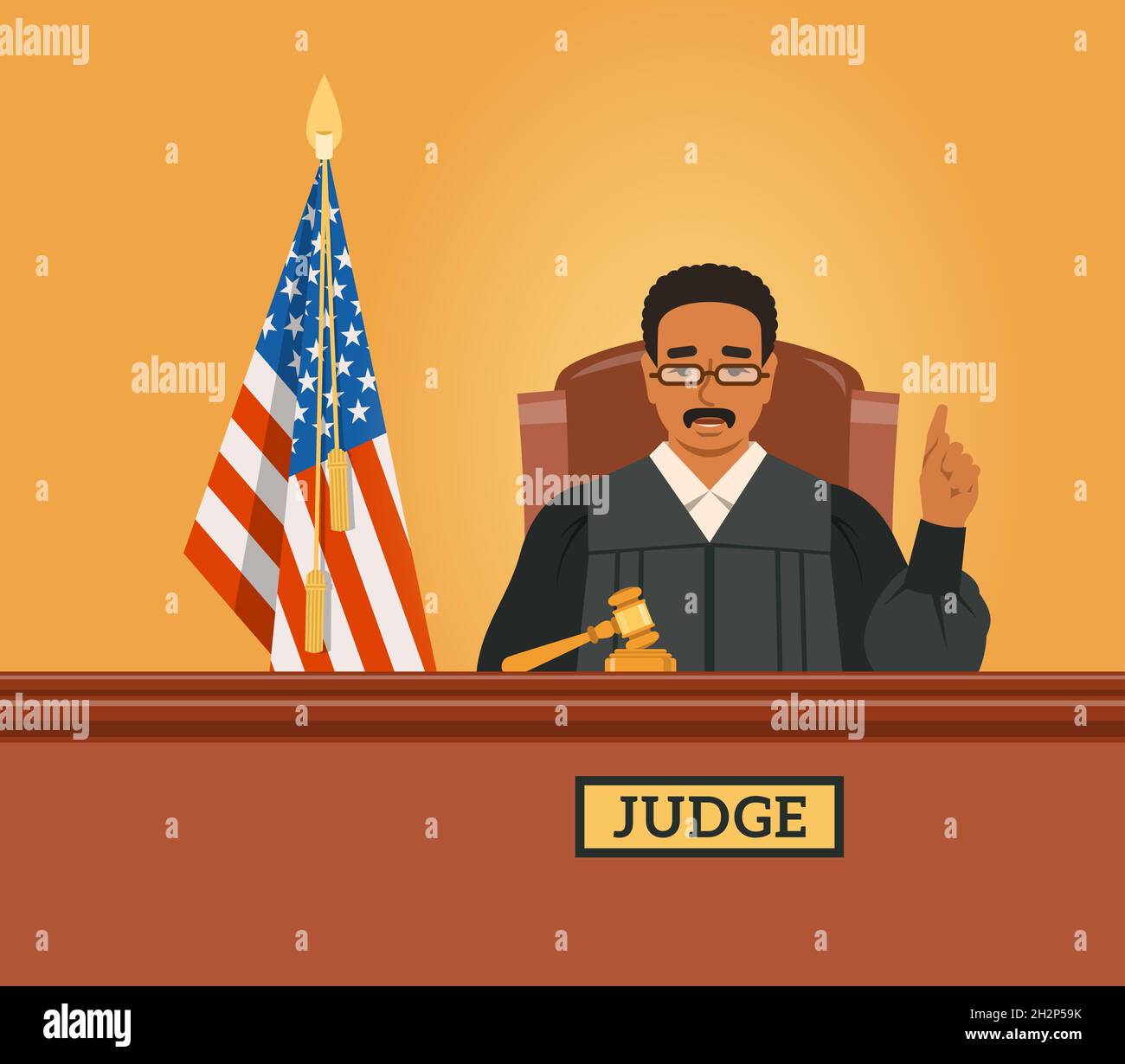 Judge black man in courtroom at tribunal with gavel and American flag points finger up pronouncing judgment. Judicial cartoon background. Civil and cr Stock Vector