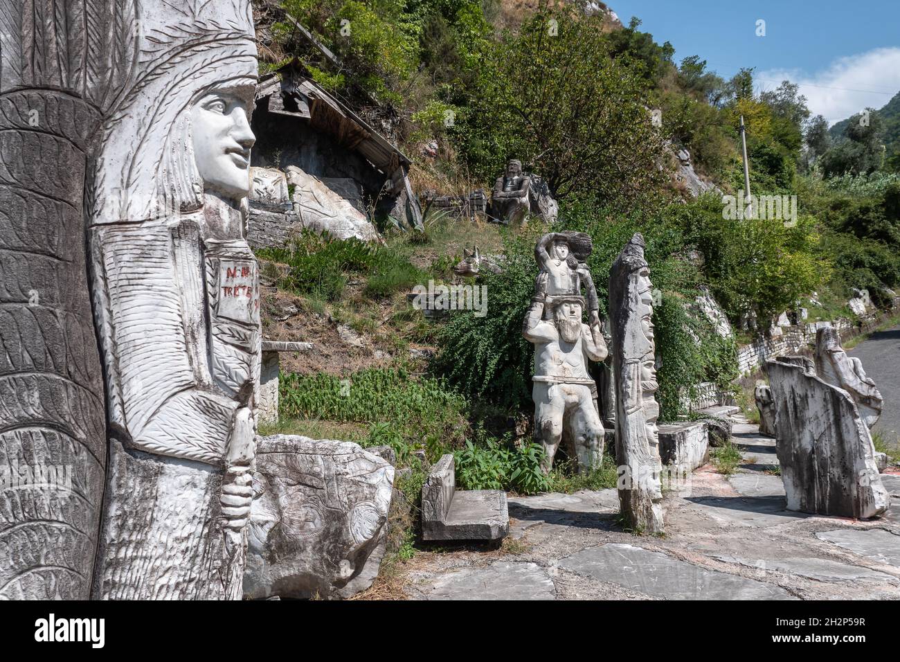 Marble Sculptures by Mario Del Sarto, Outdoors in the Public Place of Mortarola in Carrara - Tuscany, Italy. Stock Photo