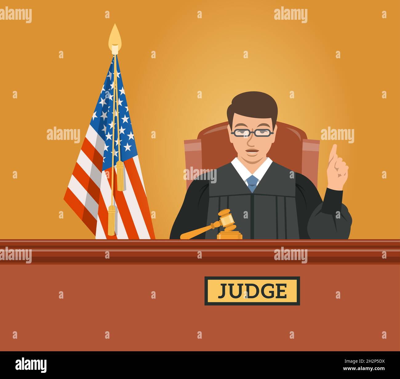 Judge man in courtroom at tribunal with gavel and American flag points finger up pronouncing judgment. Judicial cartoon background. Civil and criminal Stock Vector