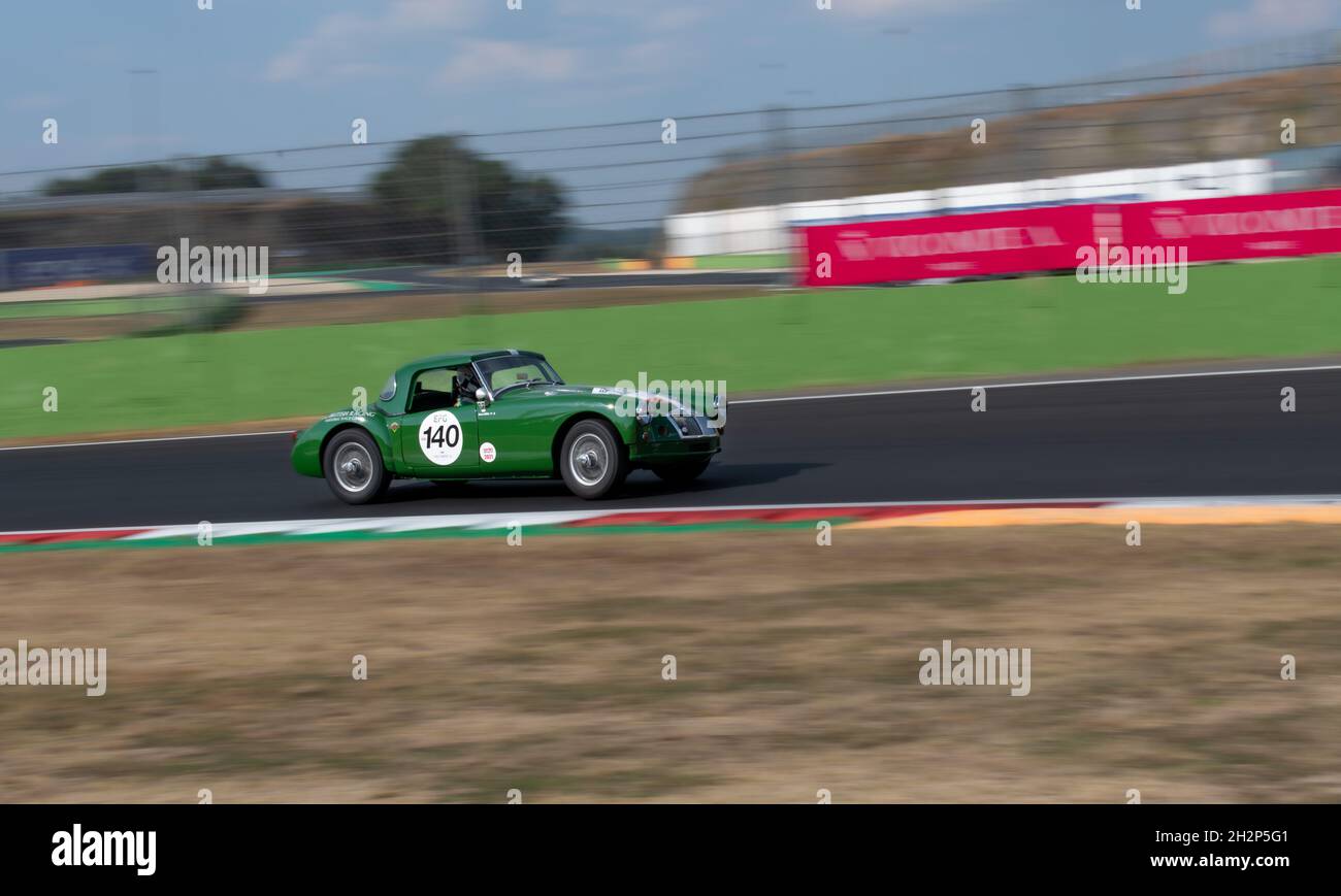 Italy, september 11 2021. Vallelunga classic. 60s vintage car racing scenic blurred background on racetrack, MG A 1600 Stock Photo