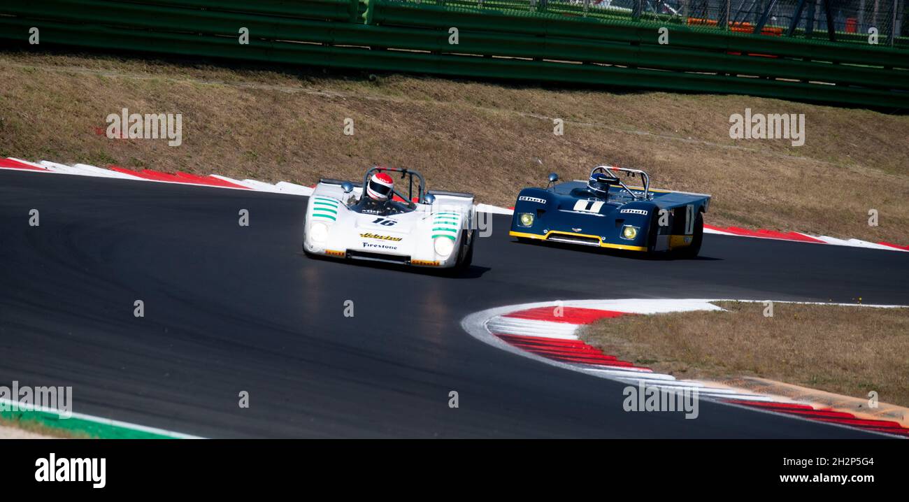 Italy, september 11 2021. Vallelunga classic. Chevron B19 and Lola T212 race cars challenging on asphalt track at circuit turn Stock Photo
