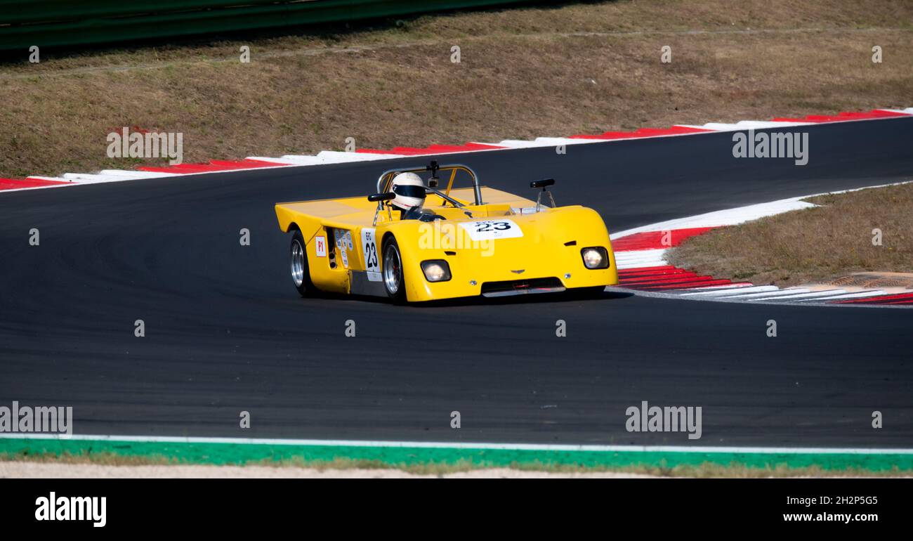 Italy, september 11 2021. Vallelunga classic. Chevron B21 car racing on asphalt track at circuit turn Stock Photo