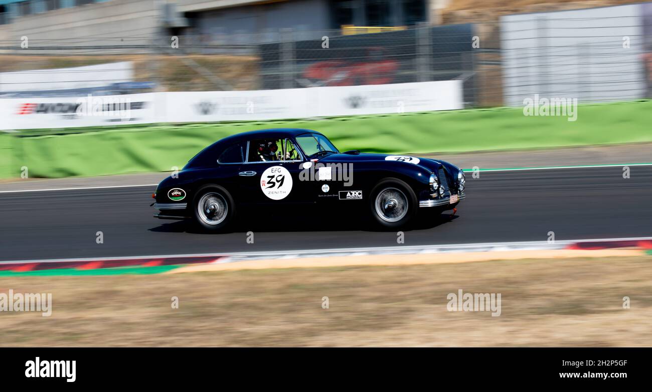 Italy, september 11 2021. Vallelunga classic. Historical Aston Martin DB2 sports 60s race car on racetrack blurred motion background Stock Photo