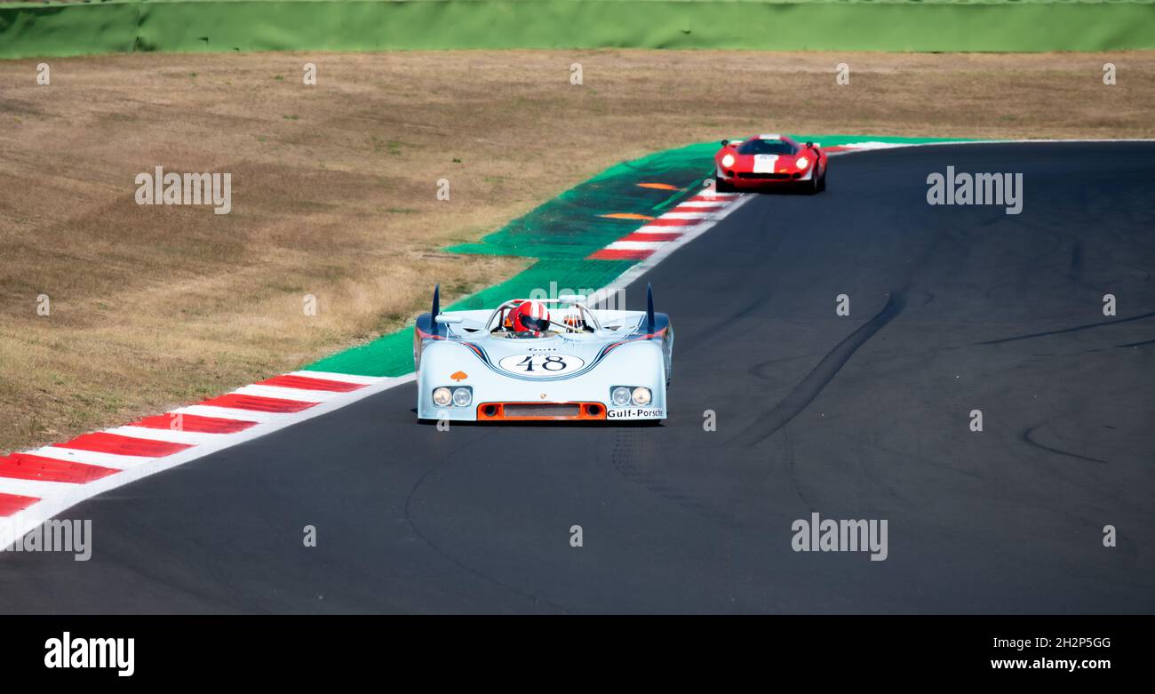Italy, september 11 2021. Vallelunga classic. Porsche 908 race cars challenging on asphalt track at circuit turn Stock Photo