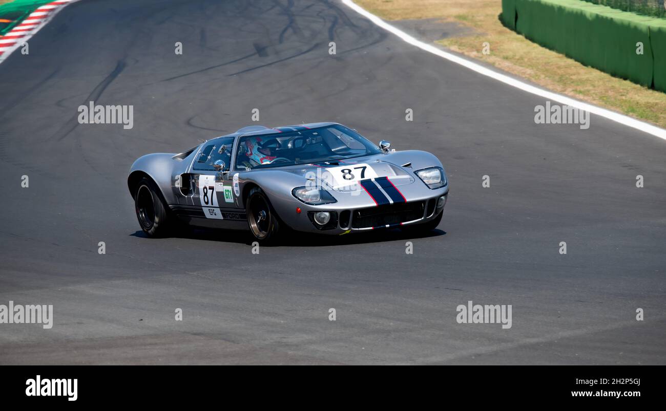 Italy, september 11 2021. Vallelunga classic. Ford GT40 race car challenging on asphalt track at circuit turn Stock Photo